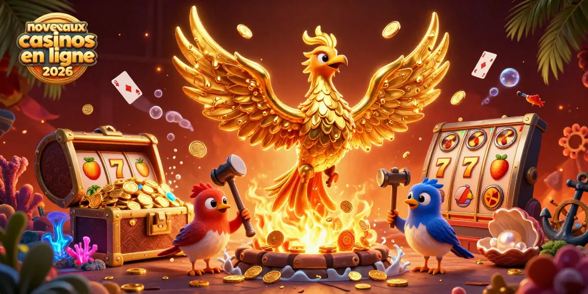 Découvrez l'illustration dynamique de nouveaux casinos en ligne 2026 avec un phoenix en or et des éléments de jeu.