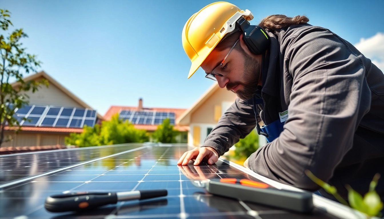 Technician expertly conducting solar panel repair on a rooftop highlighted by bright natural light.