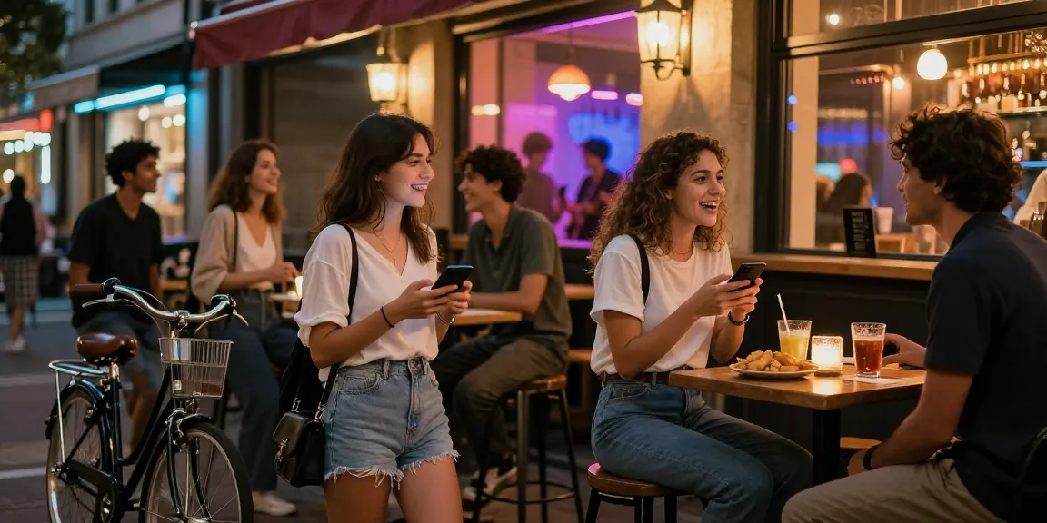 Một nhóm gái gọi đang trò chuyện và nhâm nhi đồ uống bên ngoài quán cà phê sôi động với ánh đèn neon.