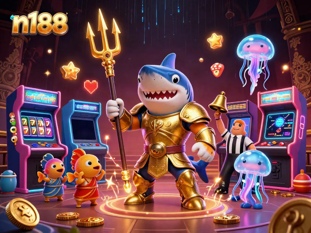 Experience exciting slots at n188 with a cartoon tiger shark in golden armor amid vibrant casino elements.