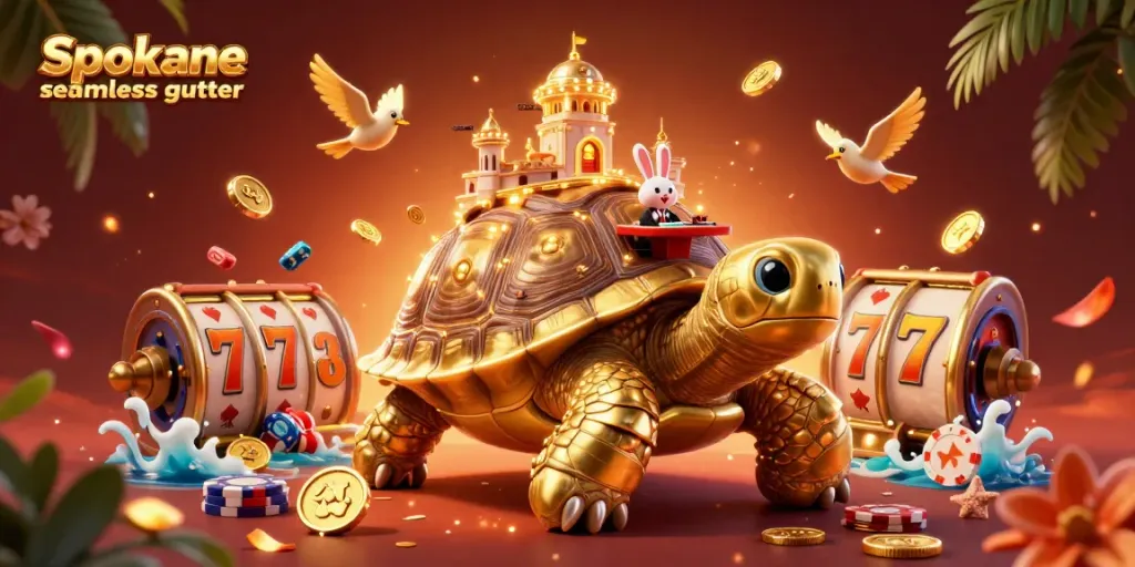 Engage with Spokane seamless gutter in a vibrant casino scene with a golden tortoise and rabbit dealer.
