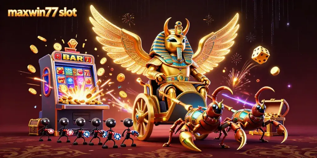 Experience the excitement of maxwin77 slot with this dynamic 3D illustration featuring a golden scarab and thrilling game elements.