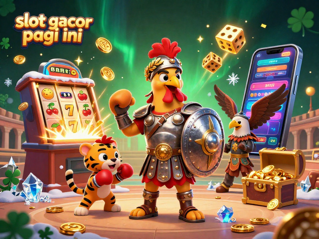 Experience the excitement of slot gacor pagi ini with a vibrant 3D scene of lively casino characters and elements.