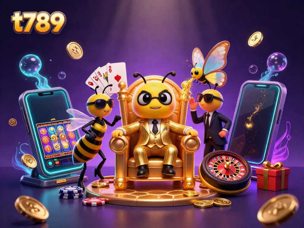 Experience dynamic online gaming action with t789, featuring a buzzing cartoon casino scene.