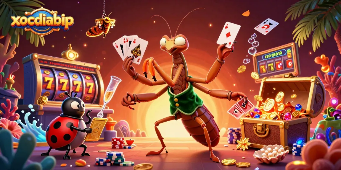 xocdiabip players enjoy dynamic slot games with an animated mantis dealer amidst vibrant casino elements.