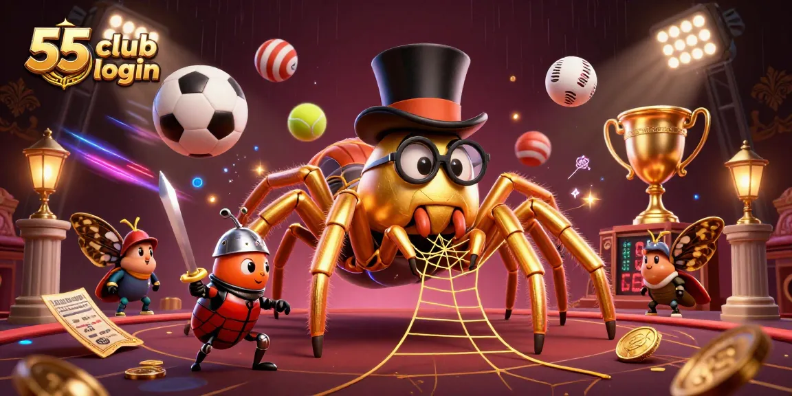 Bet on 55 club login: a golden tarantula weaves a web of fortune in a vibrant sports scene.
