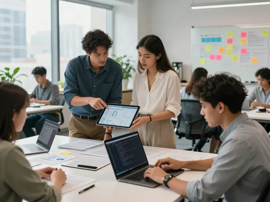 Team collaboration in a vibrant tech workspace, hop over to this website for innovative strategies.