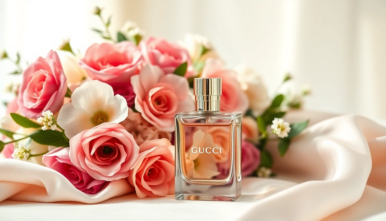Showcase sample Gucci perfume amidst elegant florals and soft lighting.