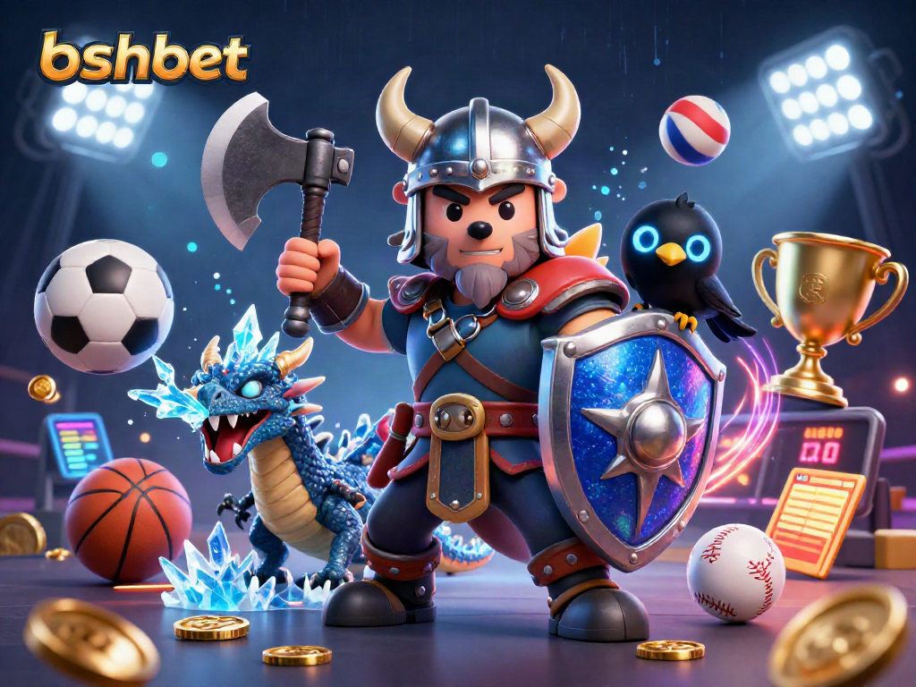 bshbet engages gamblers with vibrant 3D sports scene featuring a Viking warrior and a fierce dragon.