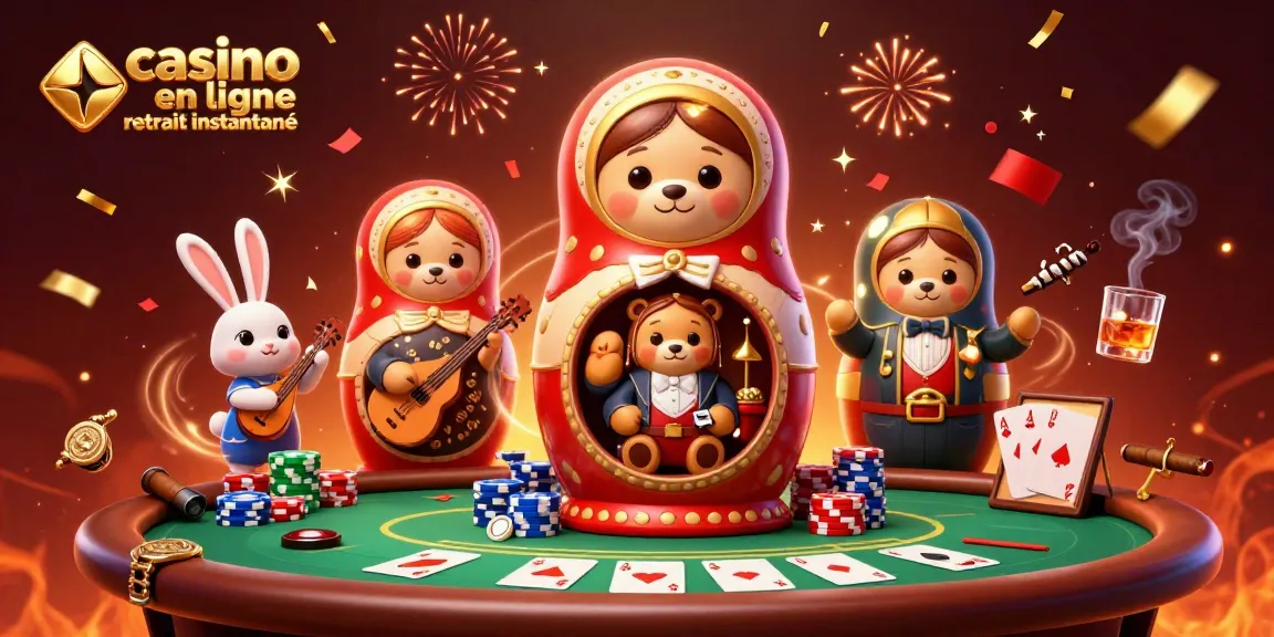 Casino en ligne retrait instantané : illustration dynamique de personnages de casino dans une atmosphère festive.