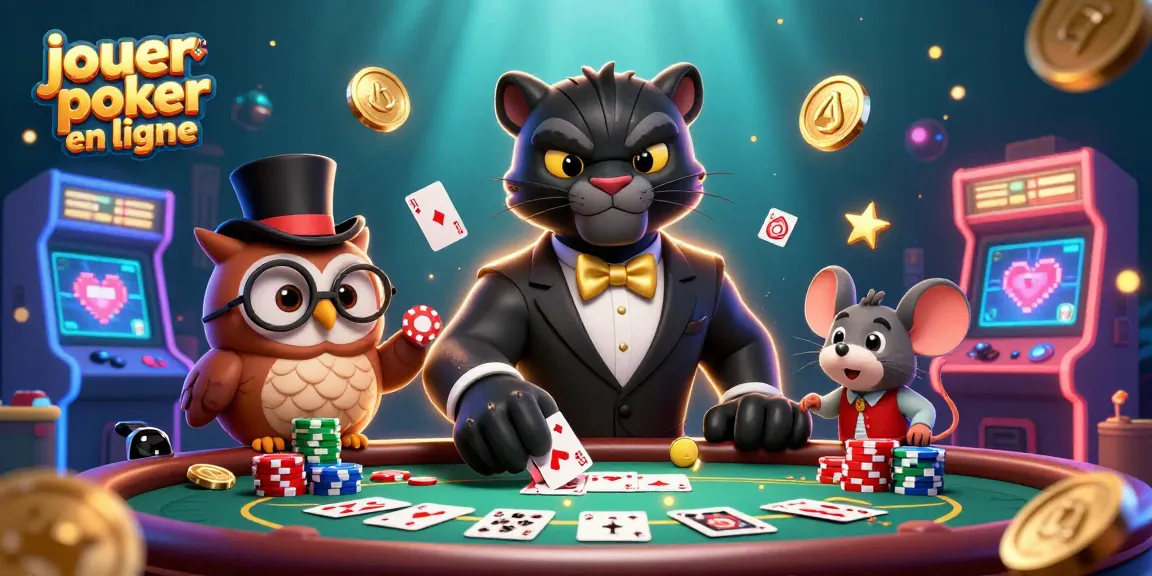 Jouer au poker en ligne avec un panthère élégant, un hibou, et une souris chanceuse.