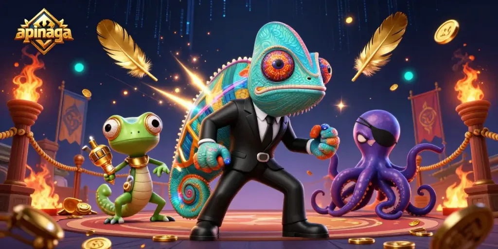 Apinaga gaming scene with secret agent chameleon, tech-gecko, and villainous octopus.