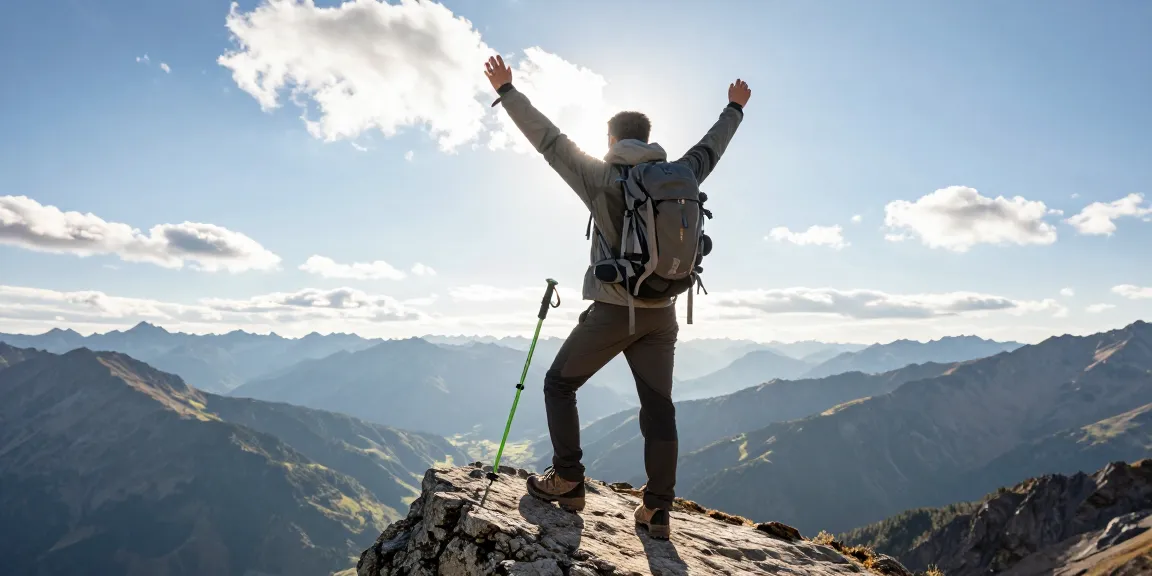 Hiker in jacktoto jacket celebrating at a mountain summit with stunning views