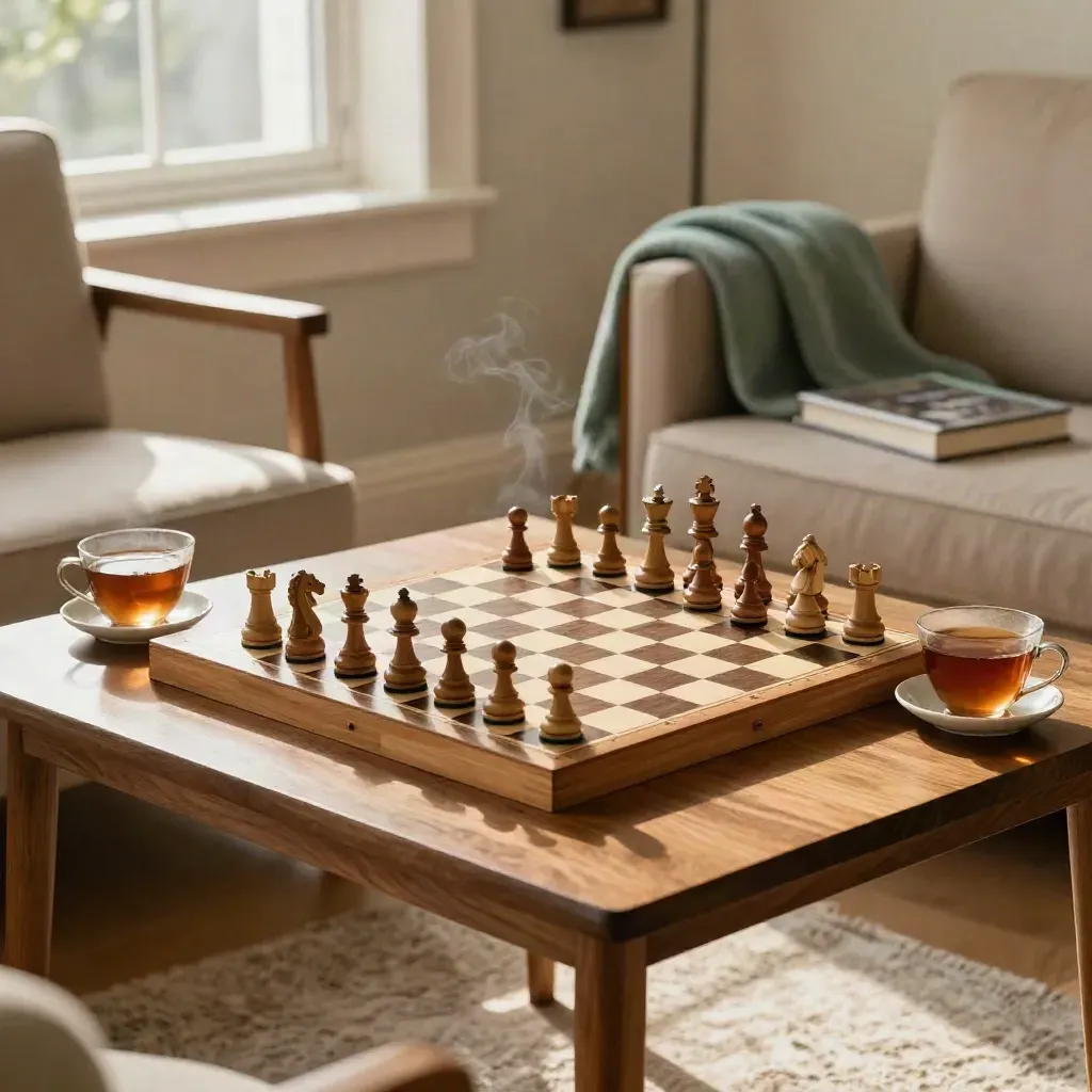 Cozy sitting room still life with chessboard, tea cups, throw, and book by an armchair.