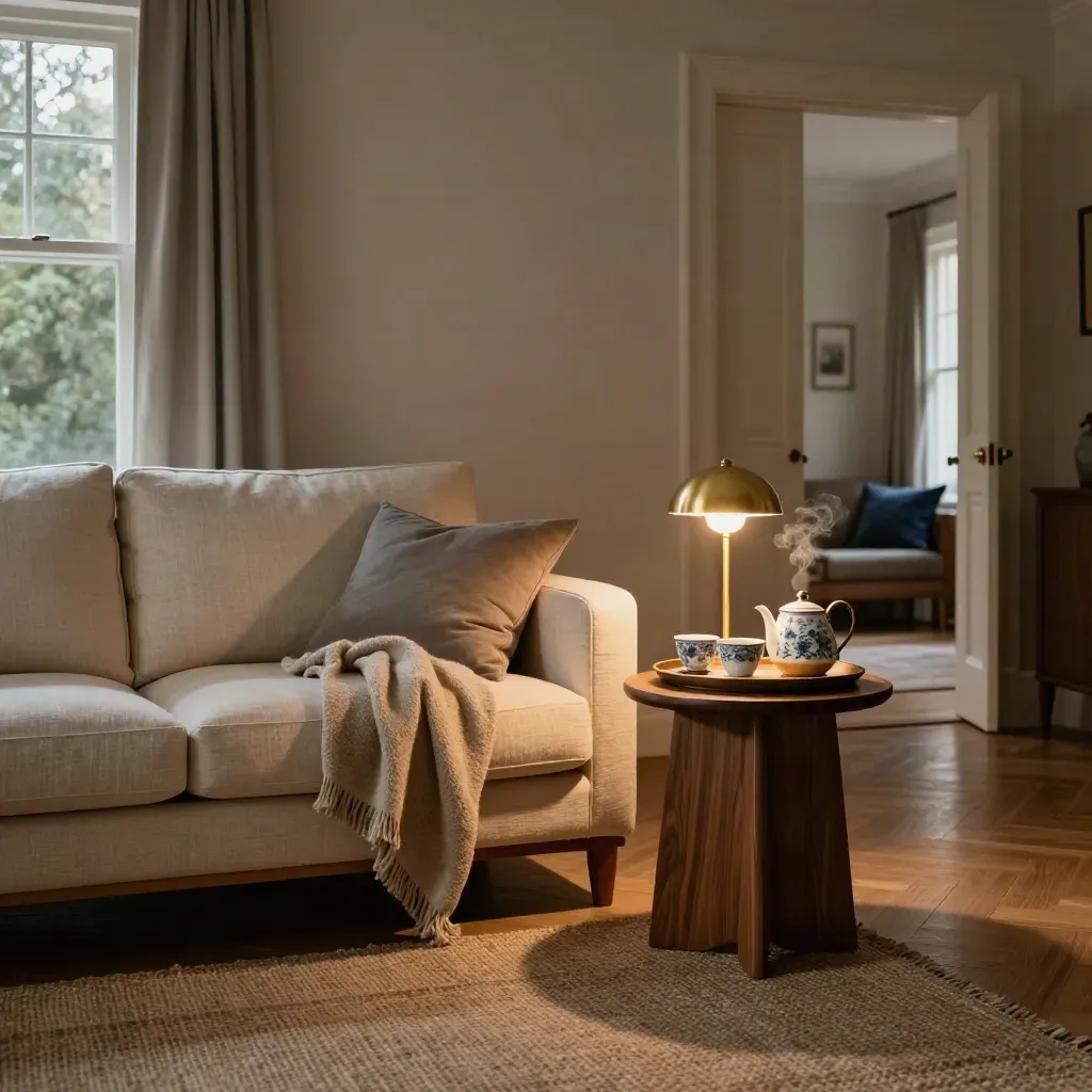 Empty living room with glowing lamp, folded blanket, tea tray, and open hall doorway at dusk