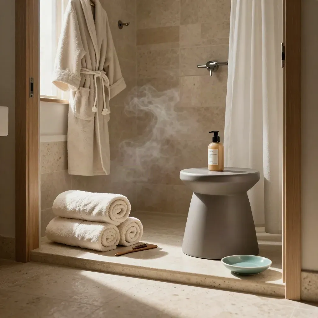 Bathroom still life with towels, robe, lotion, comb, and shower stool in soft steam.