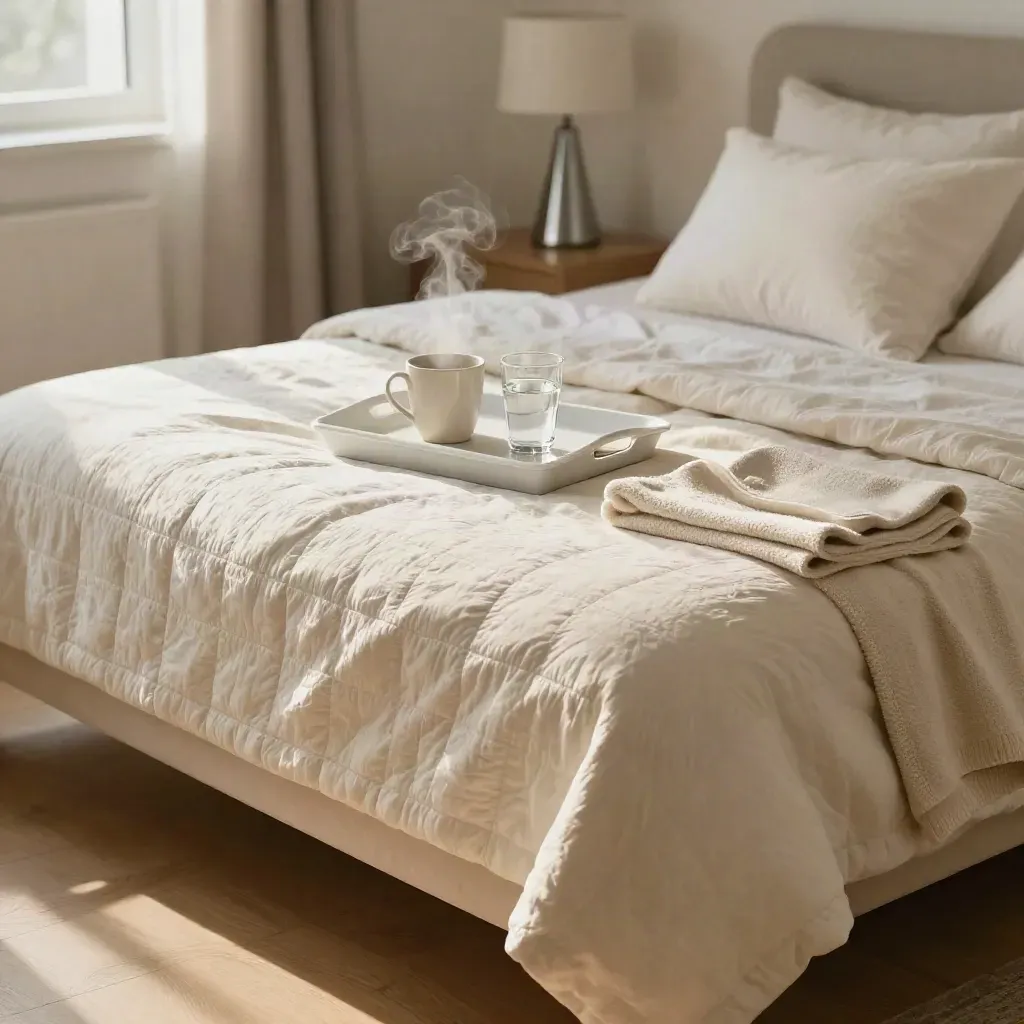Bedside morning care scene with breakfast tray, slippers, folded blanket, and steam in warm light