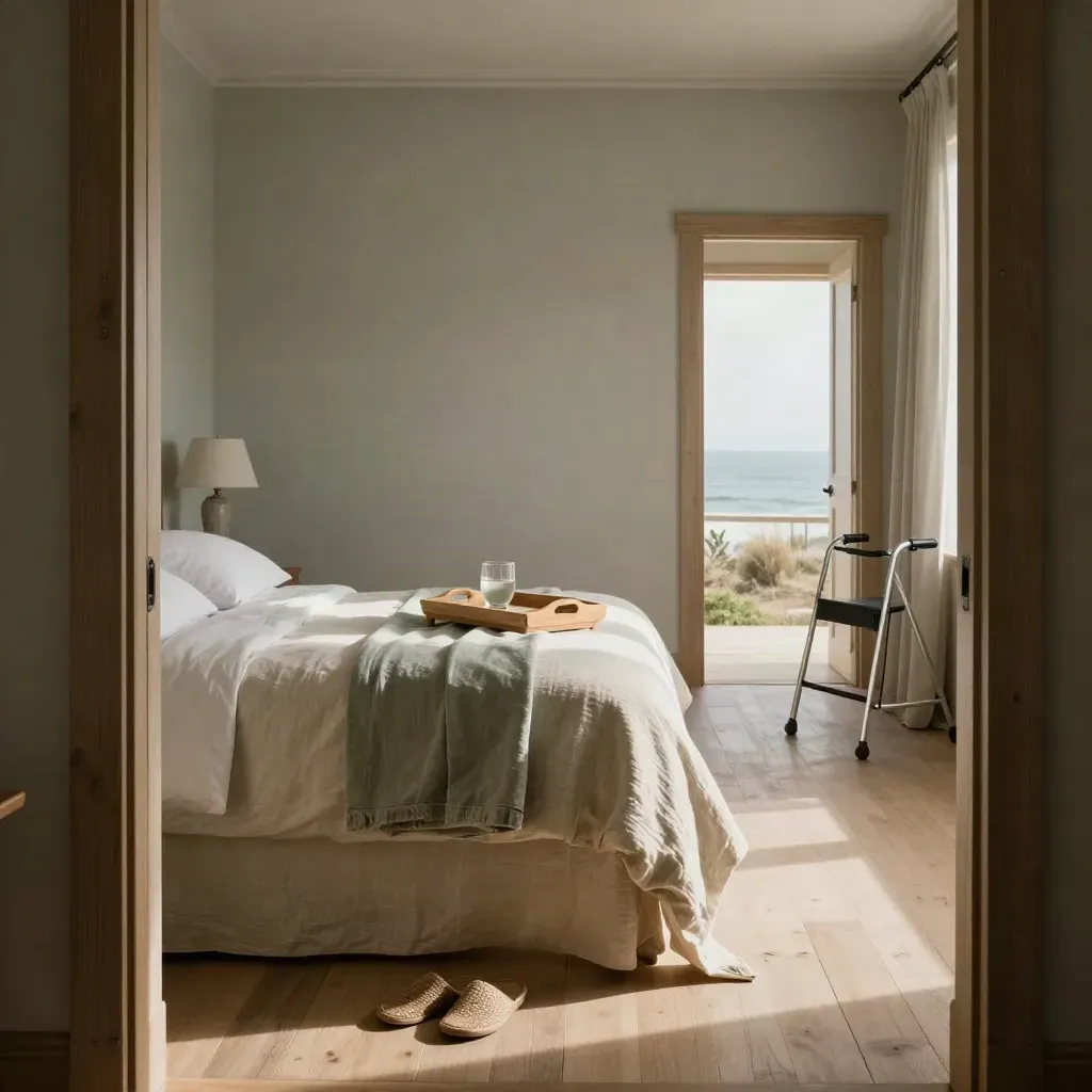Senior care bedroom with tray, slippers, walker, and diagonal late light through coastal haze.