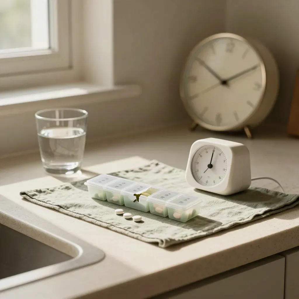 Pill organizer, timer, water glass and clock on a sunlit kitchen counter for medication reminders.