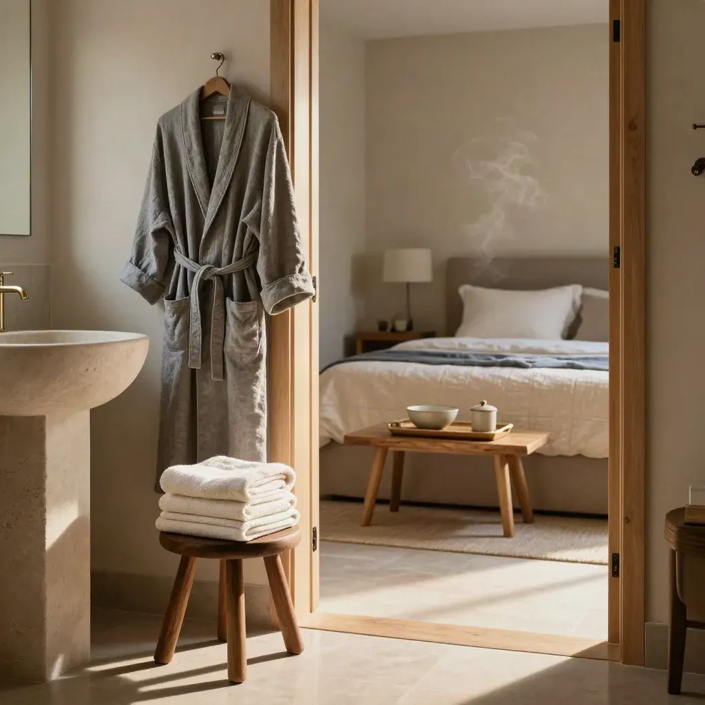 Empty bathroom and bedroom with folded robe, towels, and dinner tray in warm late-afternoon light