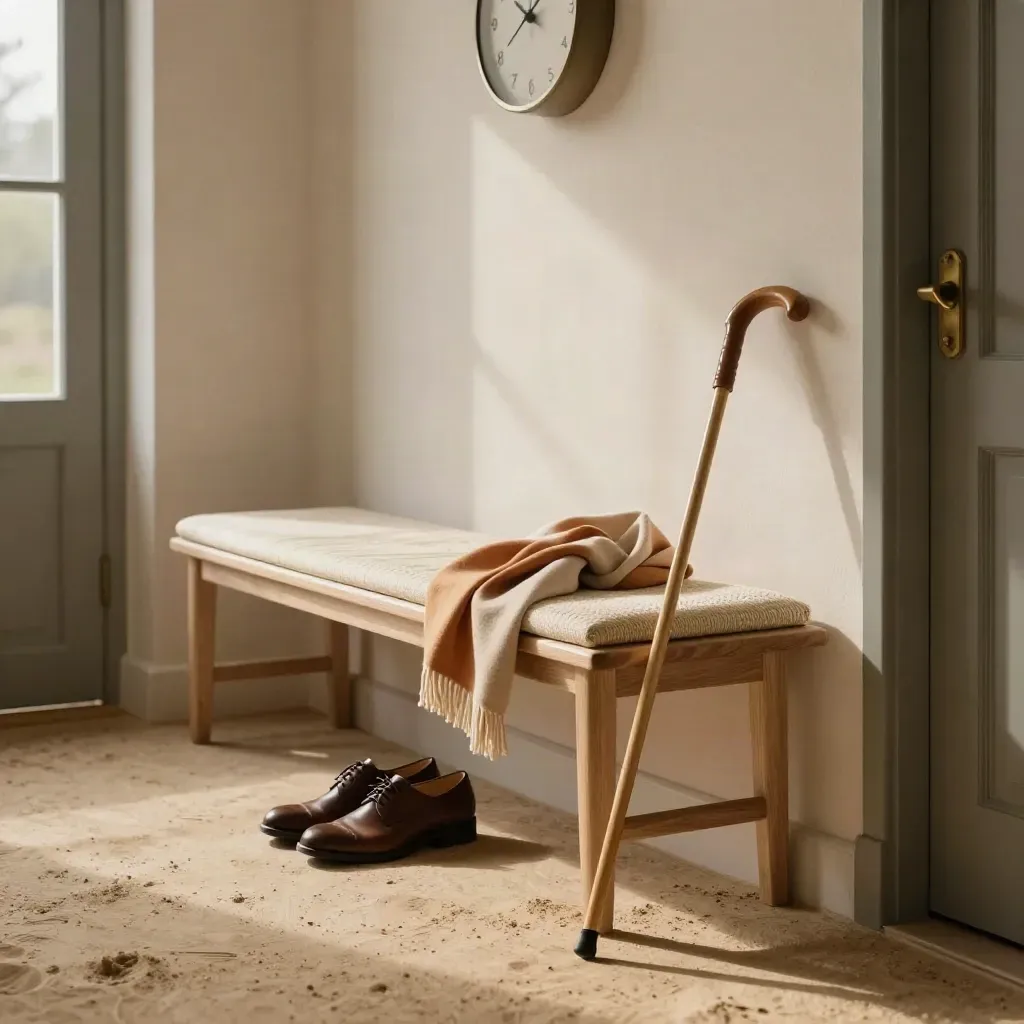 Tidy entry bench with shoes, cane, scarf and clock in warm morning light.