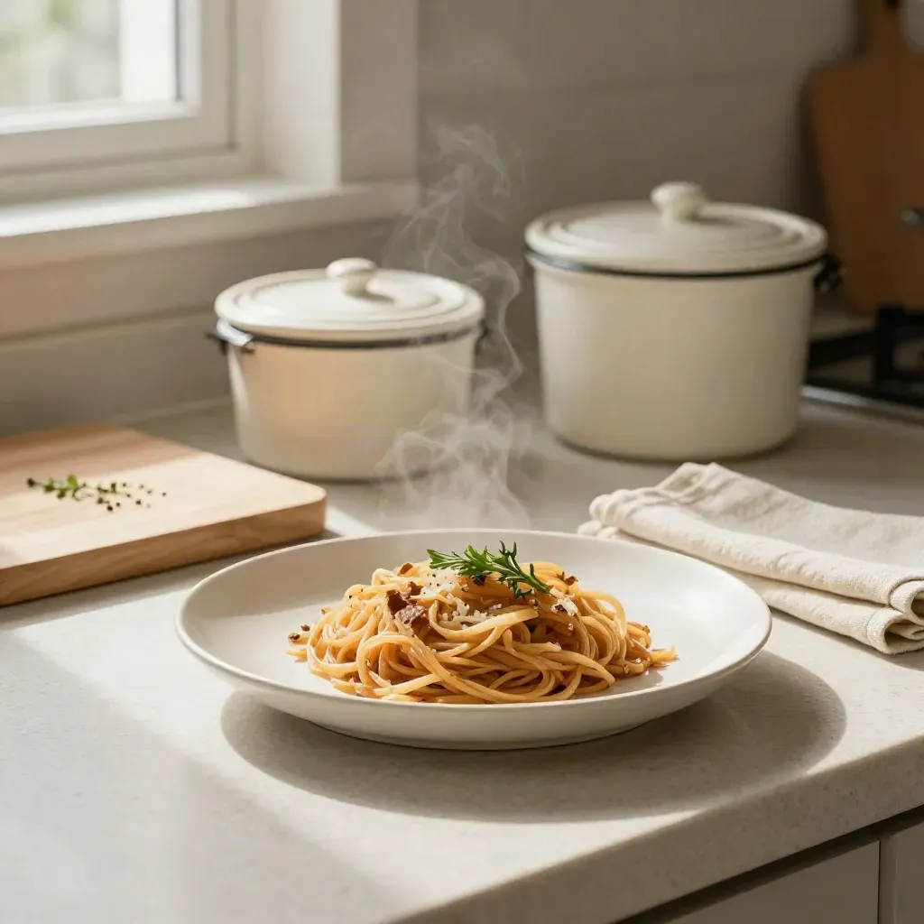 Simple supper with storage containers, cutting board, napkin, and clean kitchen counter, with faint steam.