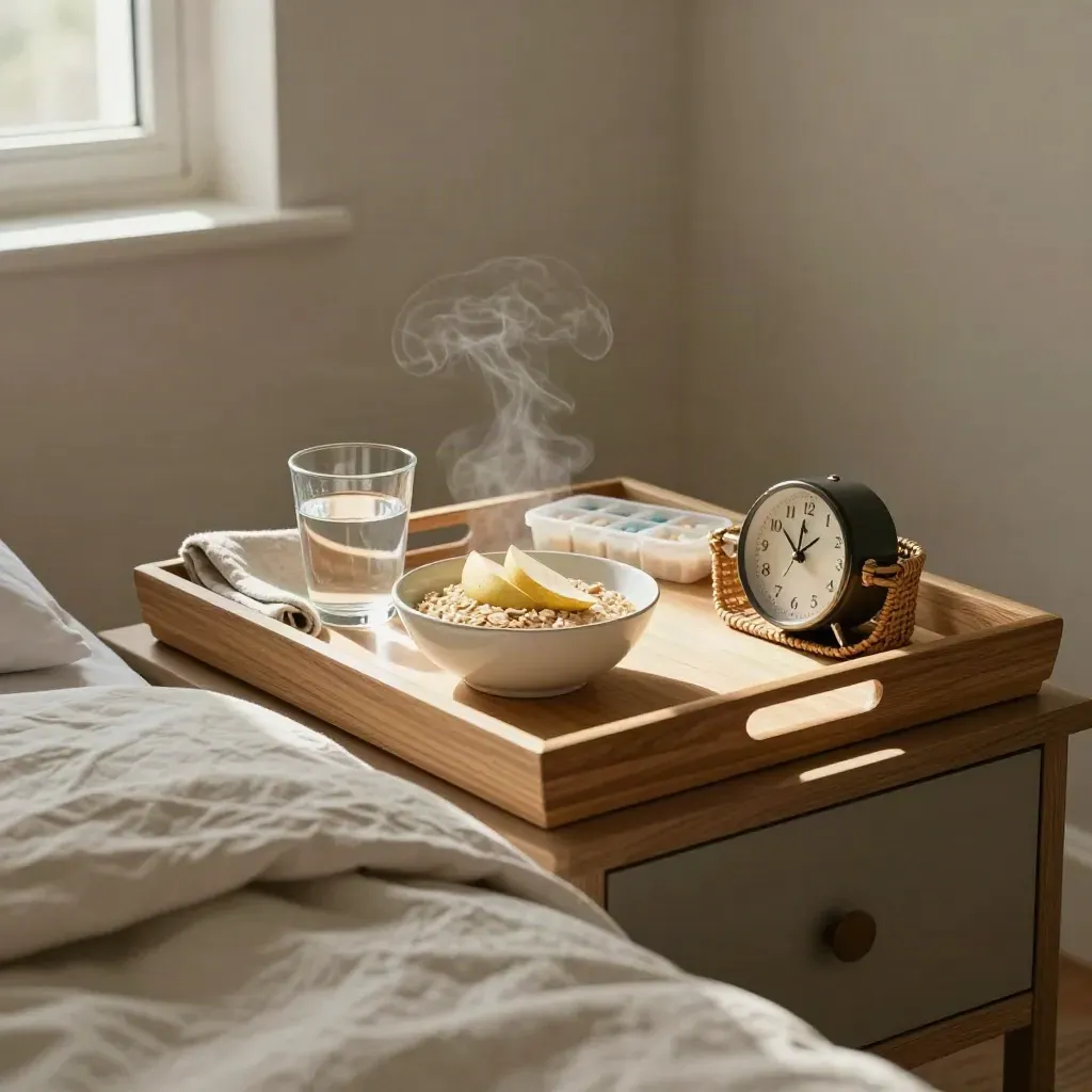 Breakfast tray, pill sorter, water glass, and clock on a bedside table in a sunlit bedroom