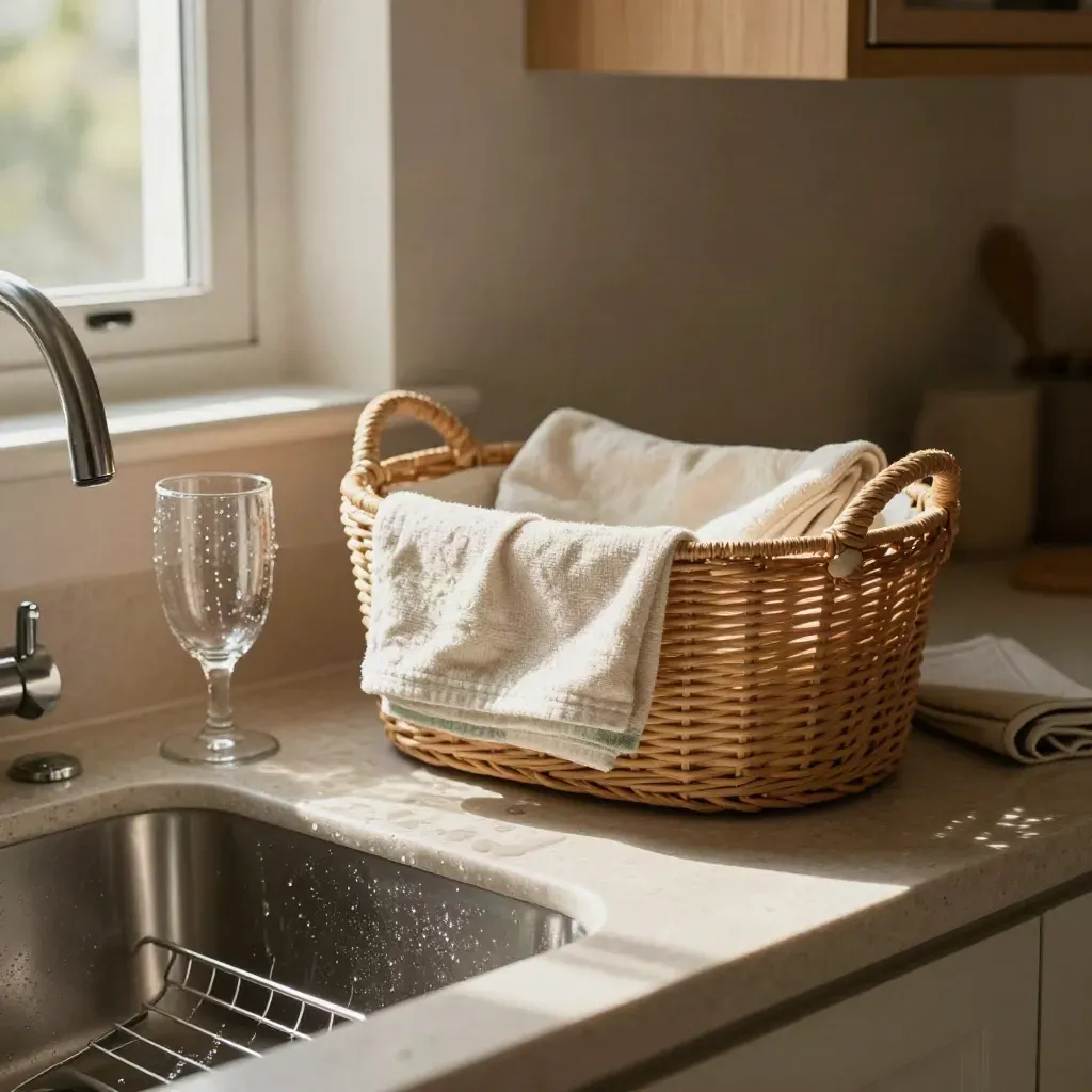 Sunlit kitchen with folded towels, rinsed dish rack, and clean countertops