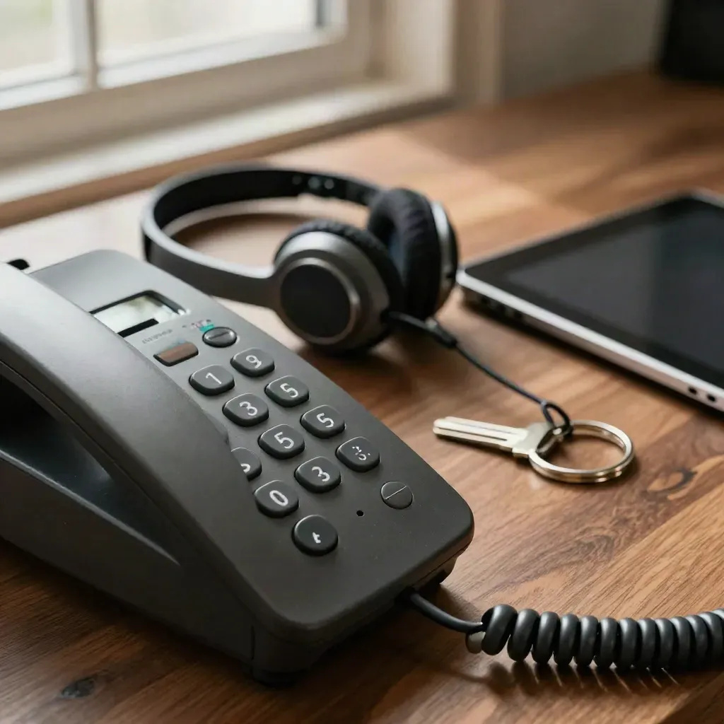 Macro still life of care-coordinator tools: phone, headset, key ring, and tablet on walnut.