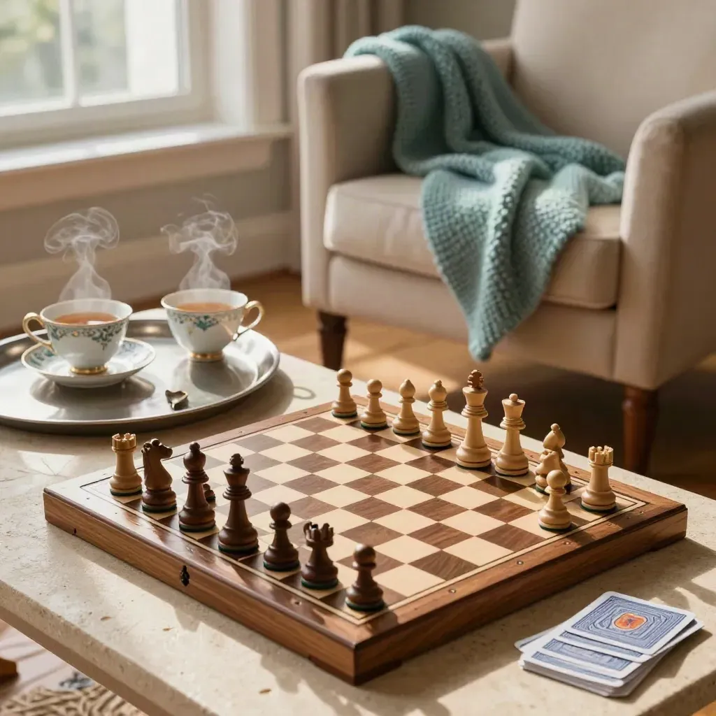 Chessboard, tea cups, cards, and an armchair with a teal throw in warm light.