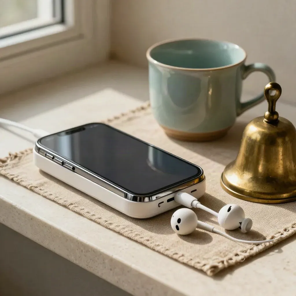 Charging cradle, earbuds, silent phone, mug, and bell on a home-care ledge.