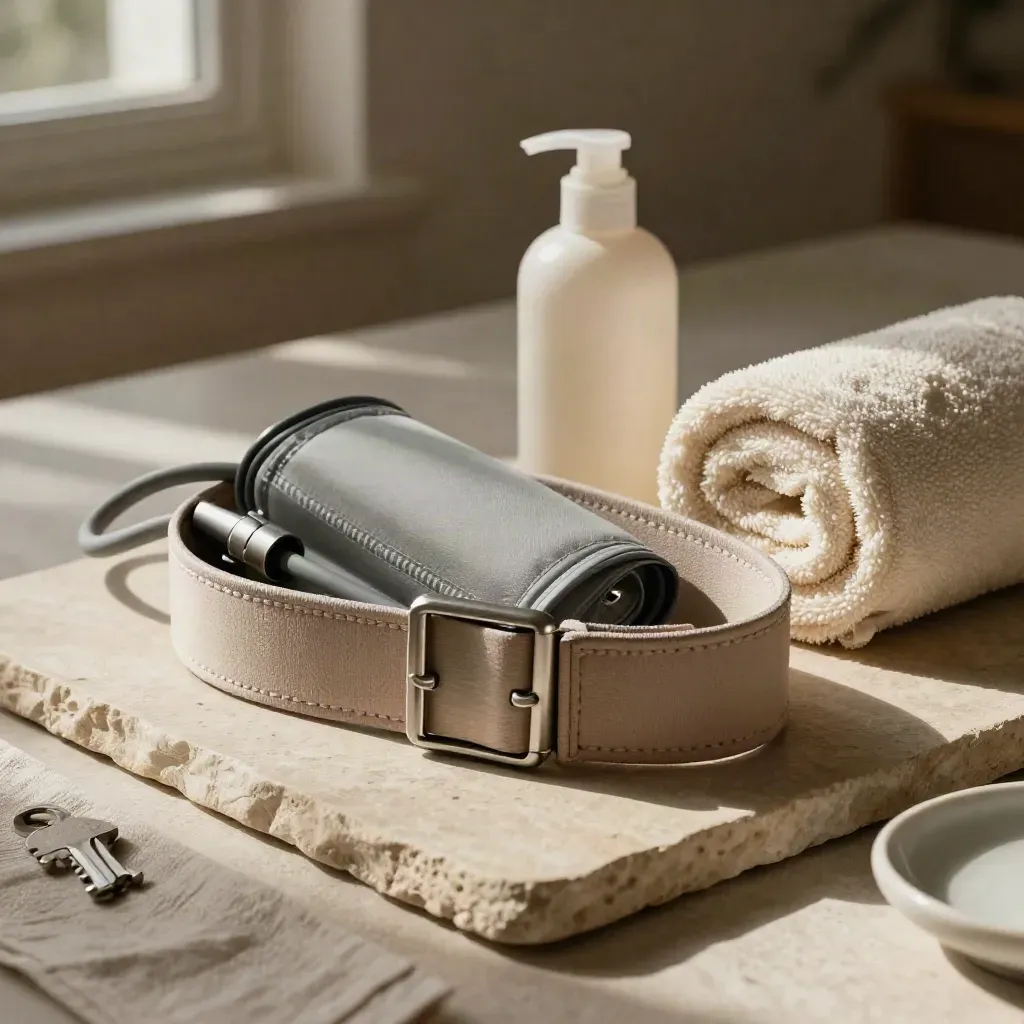 Gait belt, blood pressure cuff, lotion, and towel arranged on pale stone in dramatic light.