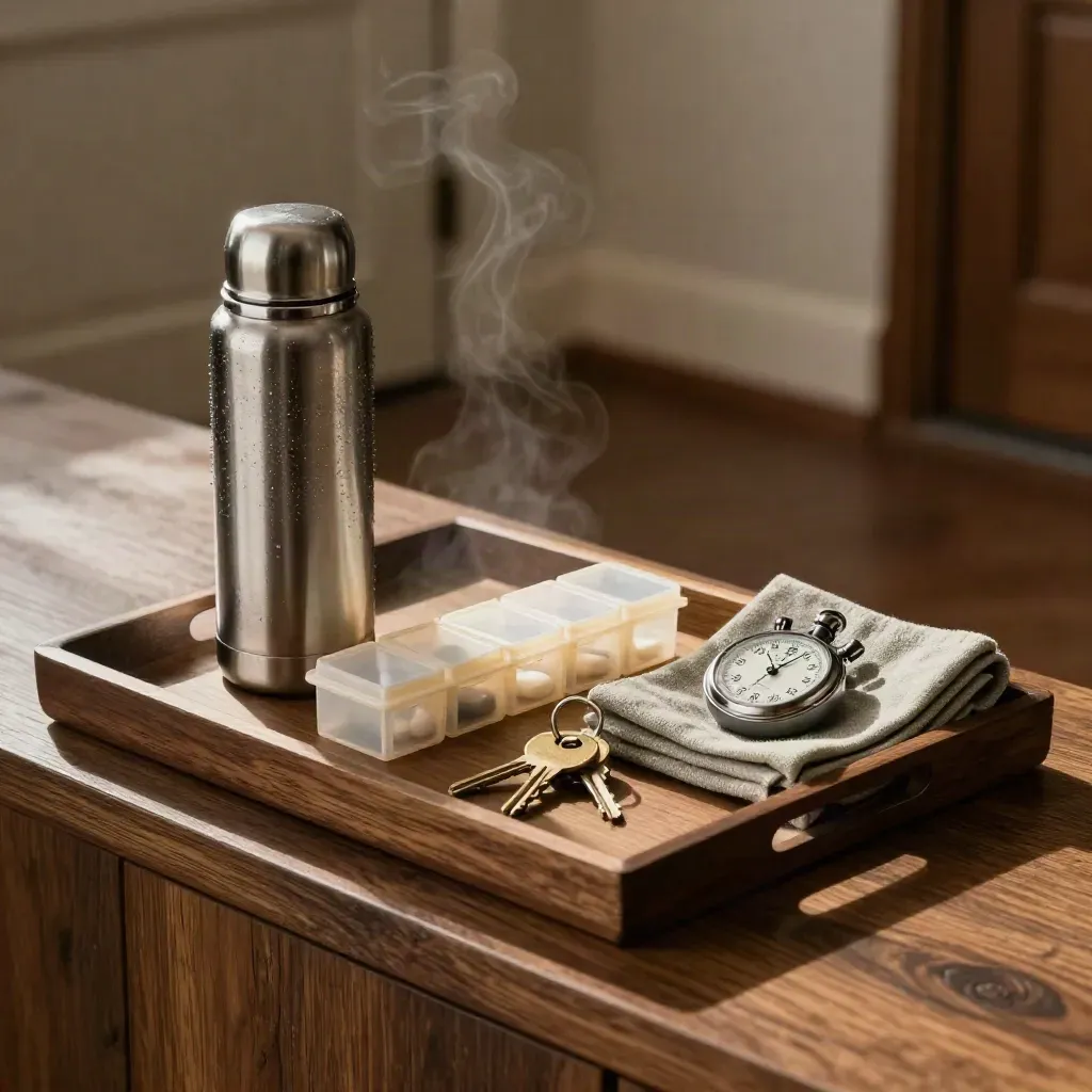 Thermos, pill caddy, keys, and stopwatch arranged on a dark oak shelf with morning steam.
