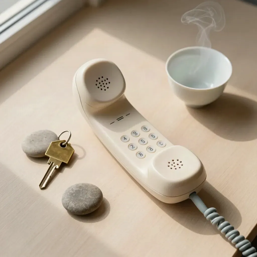Flatlay of phone, keys, stones and tea cup on pale wood with soft light