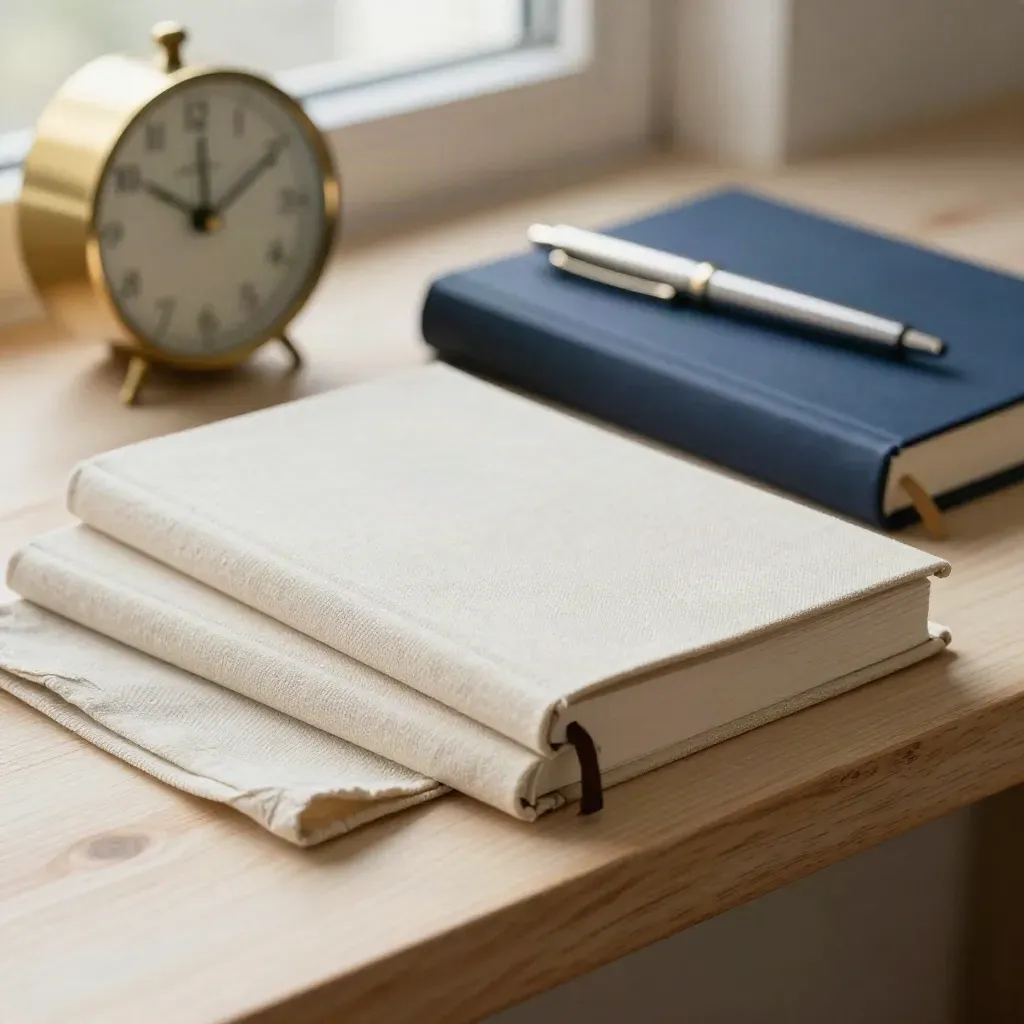 Three notebooks, brass clock, and pen on pale oak with soft window light.