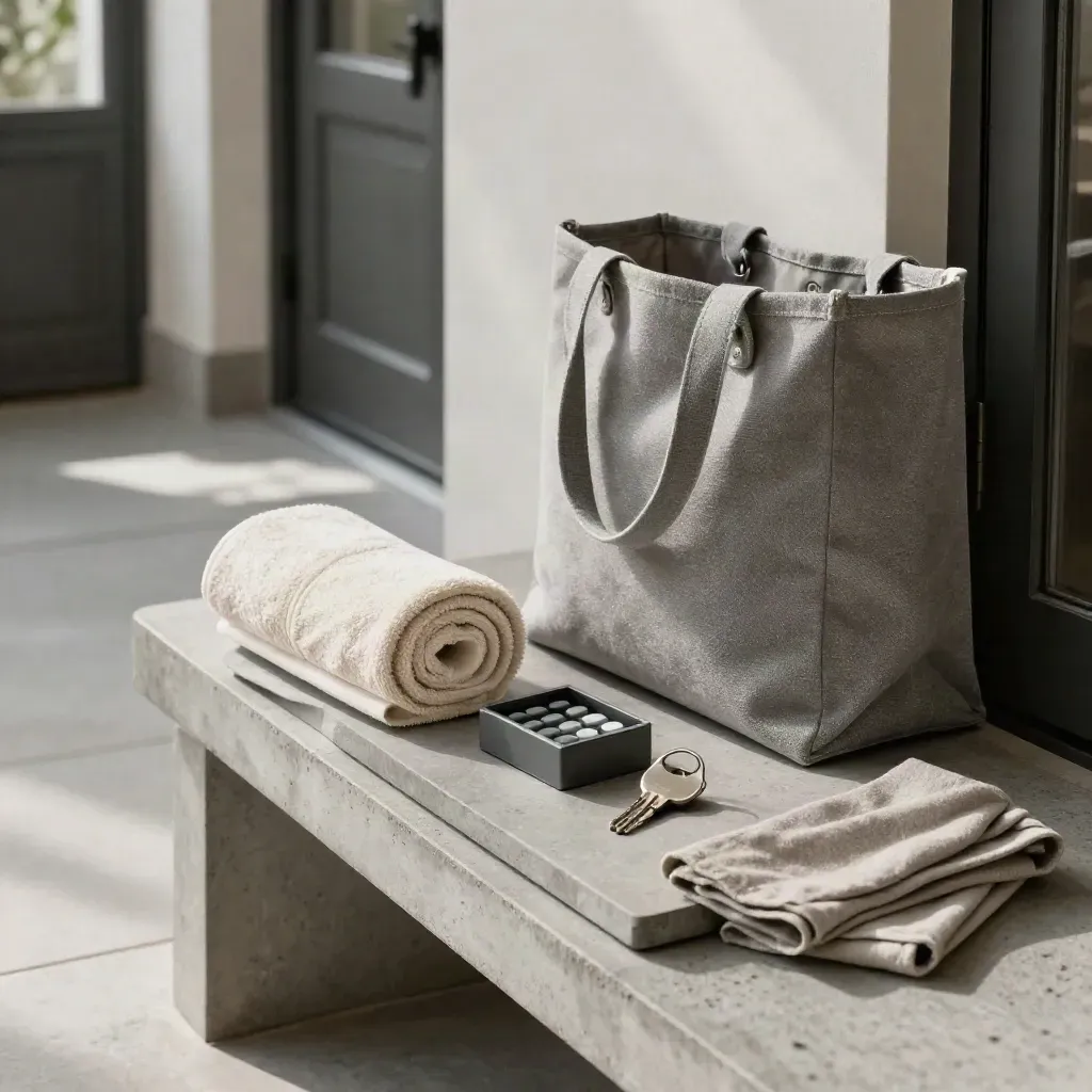 Open care tote, towel roll, pill caddy and keys staged on a console by the front door.