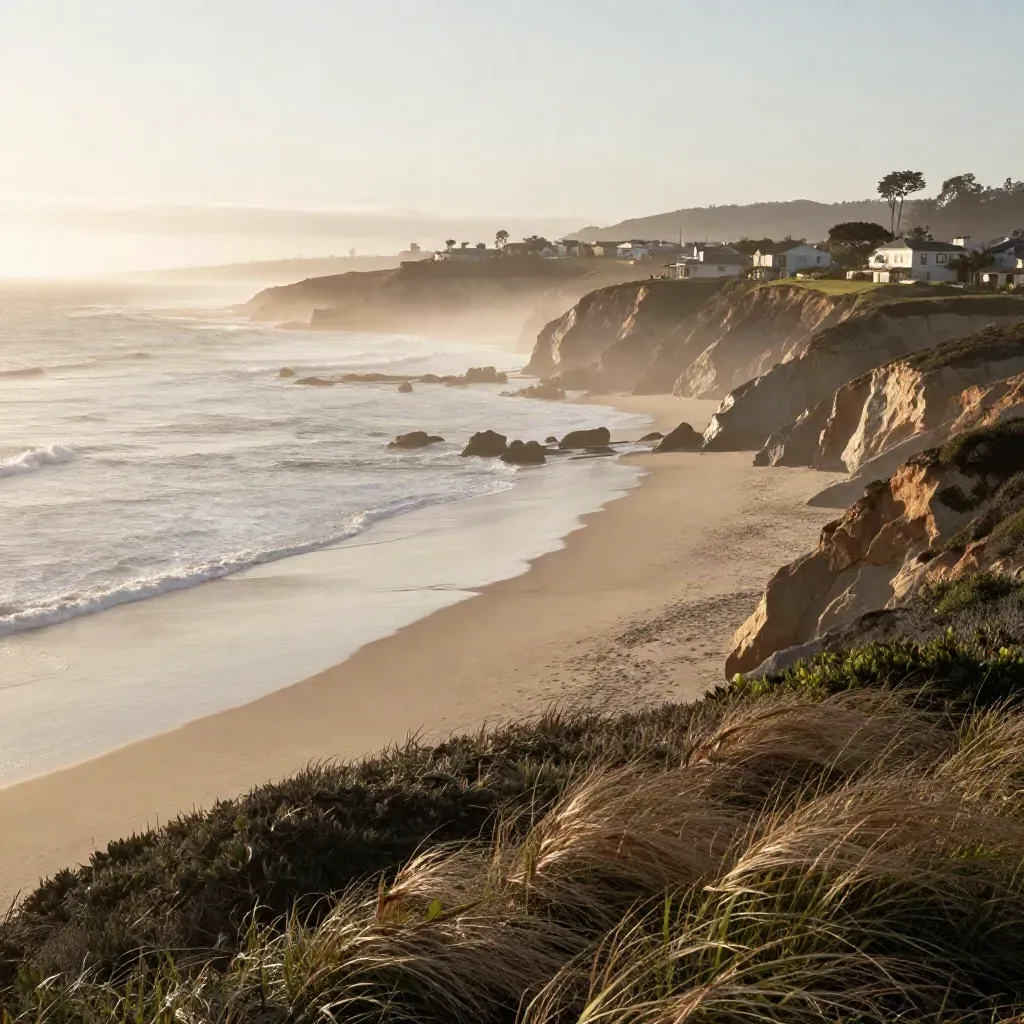 North County San Diego coastal bluffs, low homes, and misty ocean at sunrise.