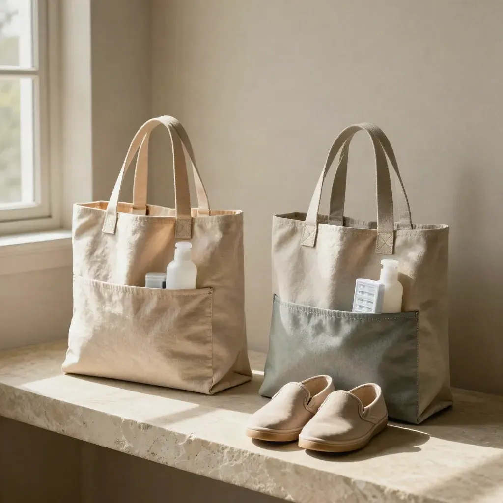 Two care kits with apron, shoes, tote, lotion bottle and pill caddy on a stone bench.
