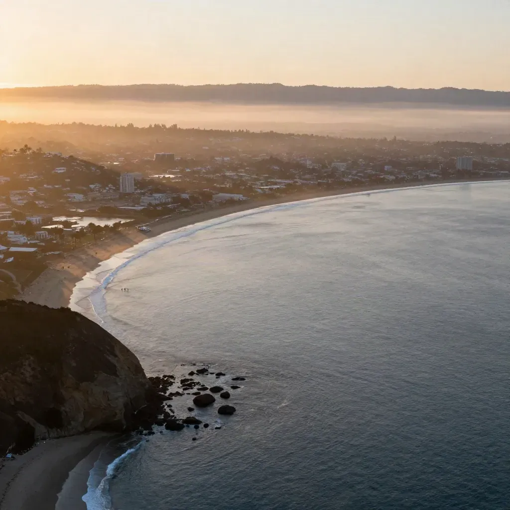 San Diego County coast at golden hour with hills, harbor glow, and misty bay.