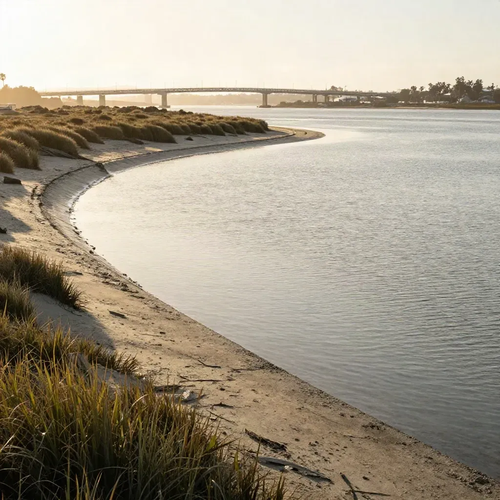 South Bay estuary flats and bridge geometry glowing in golden haze
