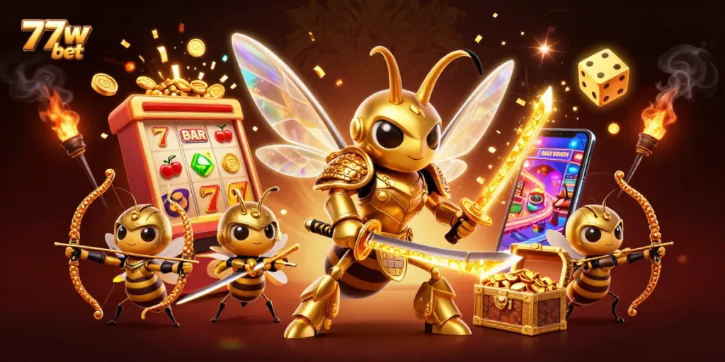 Experience thrilling wins with 77w bet in this vibrant 3D casino illustration.