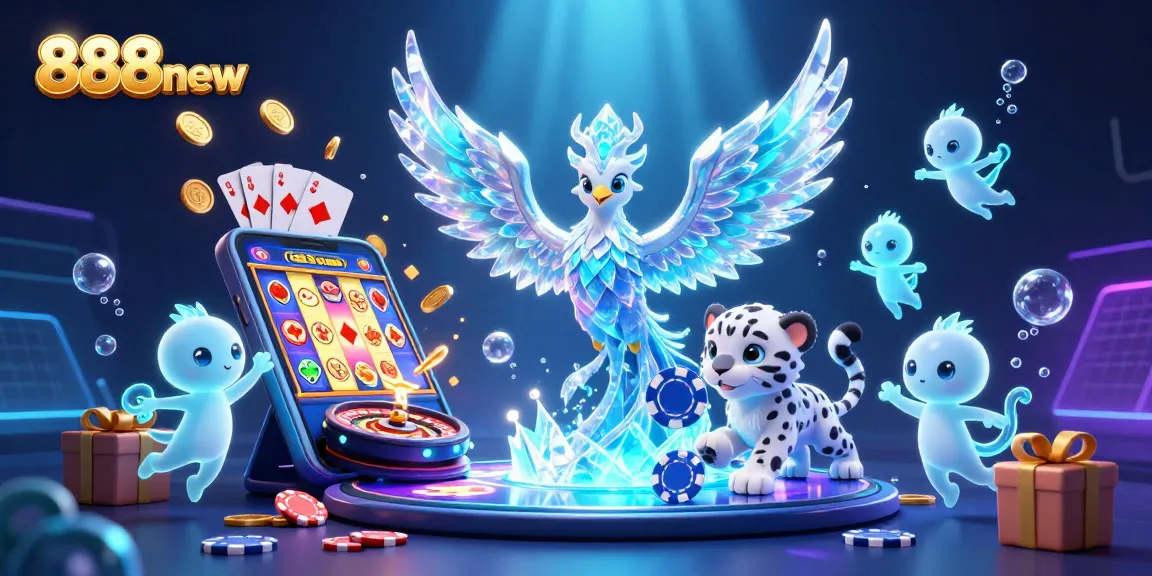 Experience the thrill of 888new as the ice phoenix and snow leopard play among vibrant gaming elements and colorful displays.