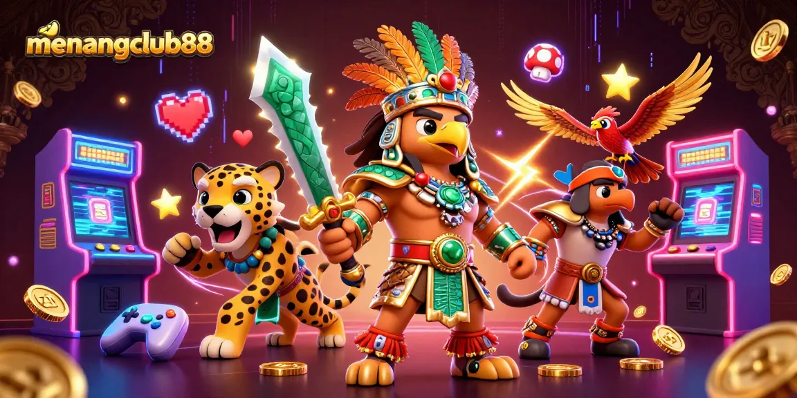 Experience the excitement of menangclub88 with vibrant game elements, featuring Aztec warriors and arcade machines.