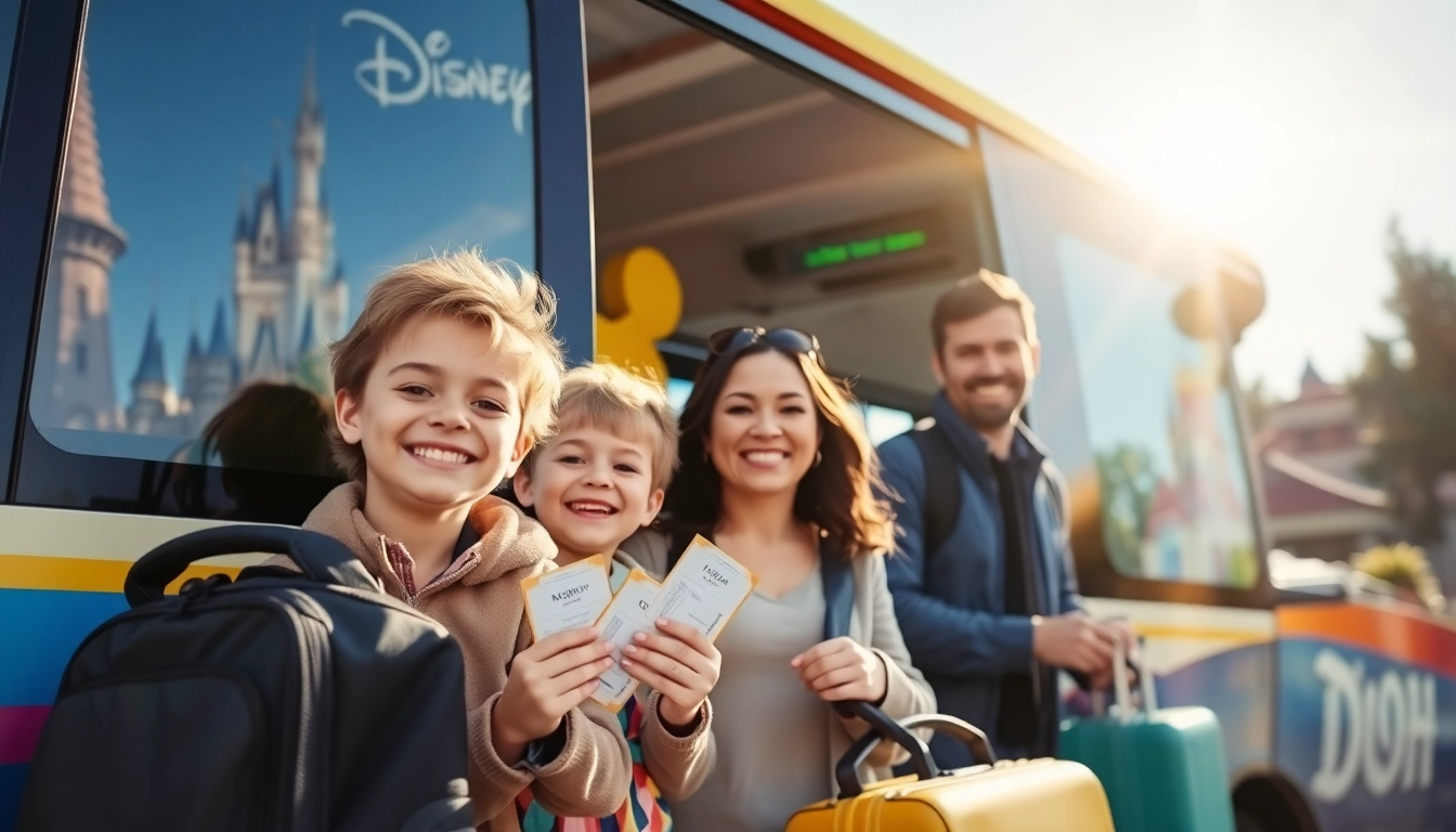 Families enjoying transfers from paris airport to disneyland while boarding a cheerful shuttle.