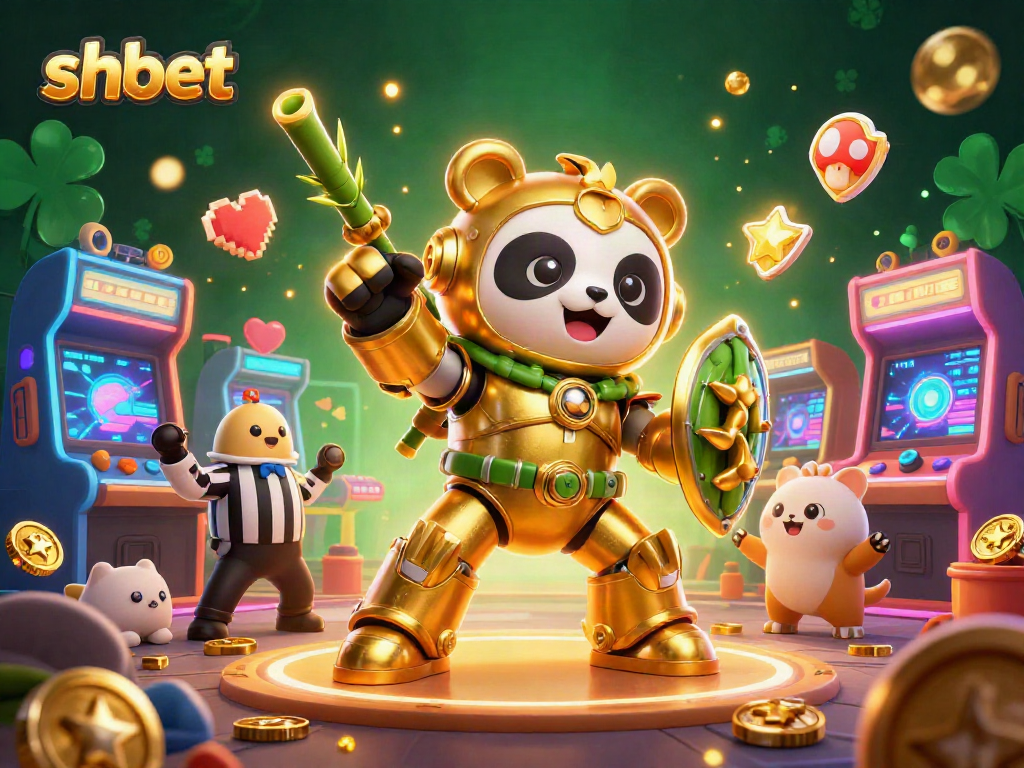 Engage with shbet gaming action in a vibrant, dynamic 3D casino illustration featuring a panda robot.