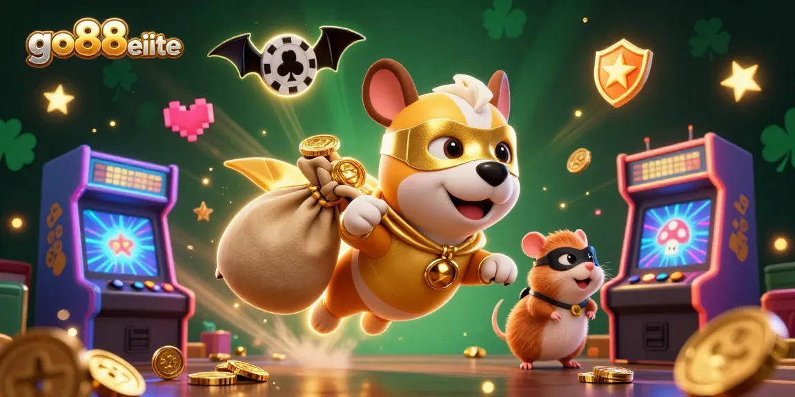 Experience exciting gaming moments with go88elite's superhero dog surrounded by colorful casino elements.