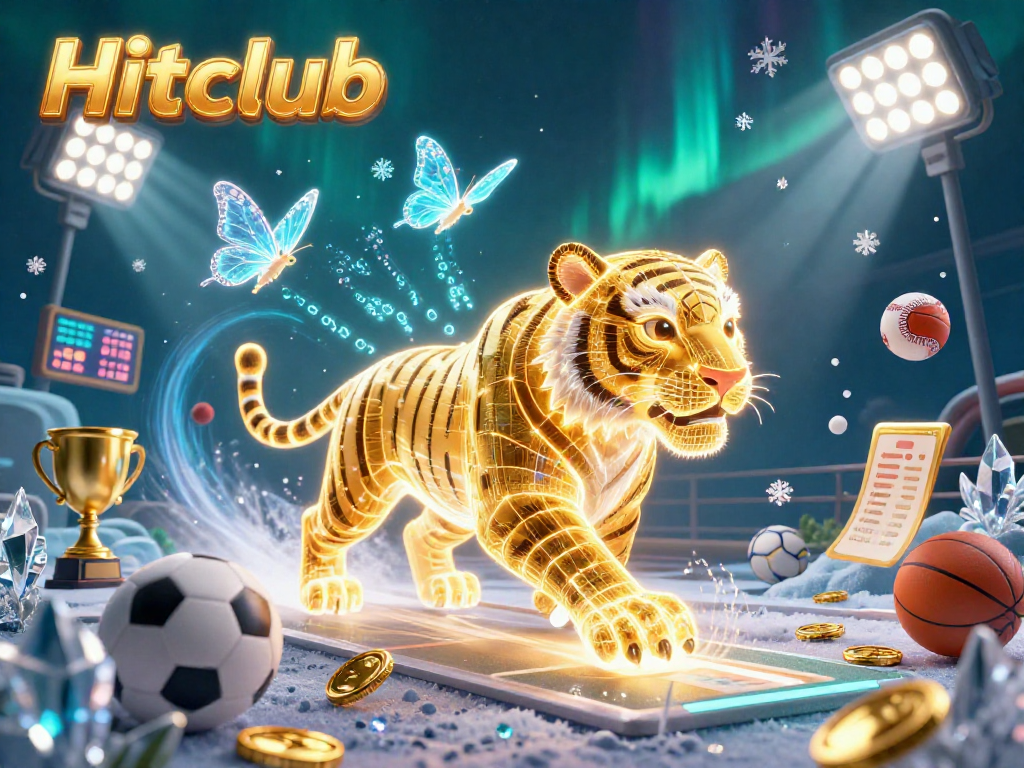 Experience Hitclub with a vibrant 3D casino scene featuring a golden tiger and dynamic sports elements.