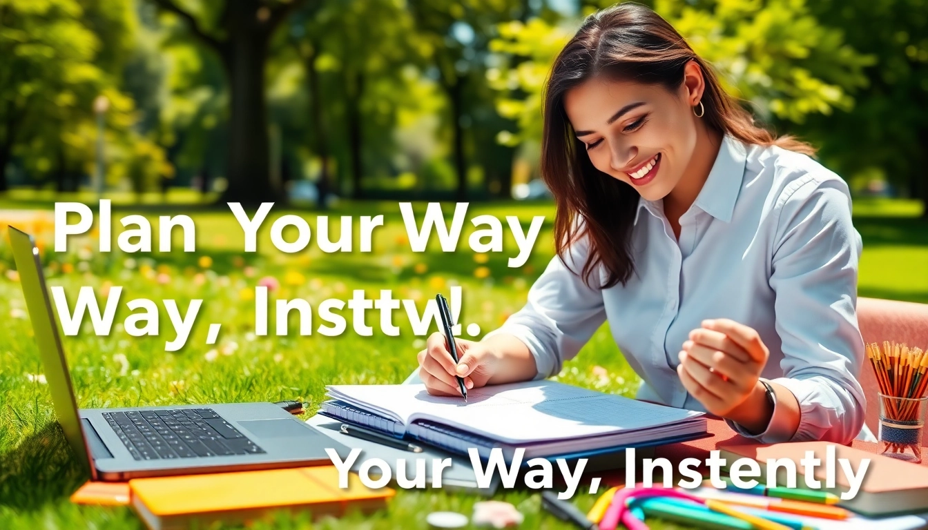 Plan Your Way, Instantly with a cheerful planner organizing their thoughts outdoors.