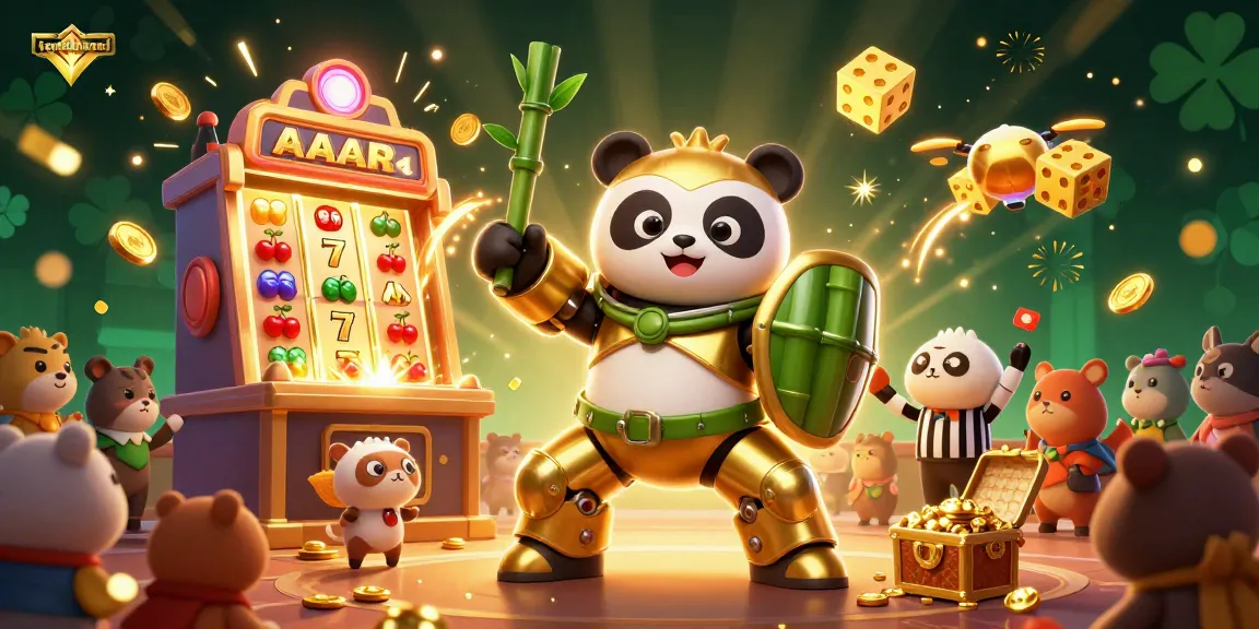 topnhacaimoi featuring an exciting 3D illustration of a golden panda in a mech suit amidst casino action.