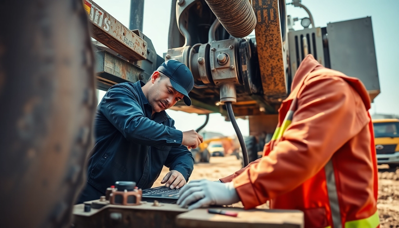 Technician offering mobile equipment service while repairing heavy machinery outdoors.